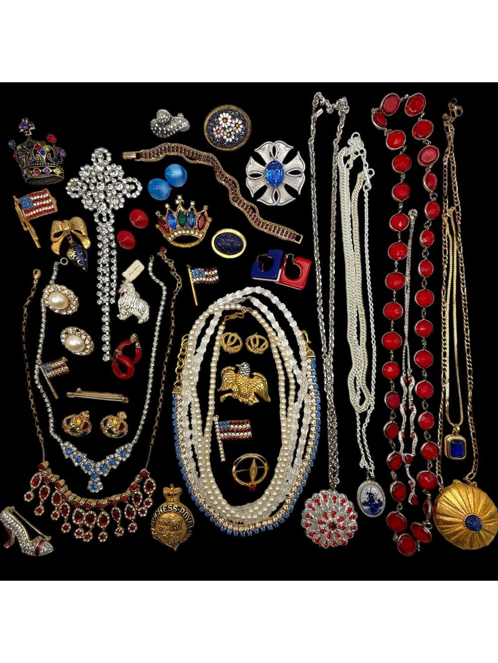 Vintage Red White Blue Royalty & Rhinestones Jewelry 35+ Pcs